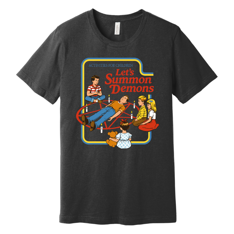 Let's Summon Demons Tee - Dark Gray
Retro-style graphic t-shirt with cartoon children around a pentagram and text reading “Let’s Summon Demons”