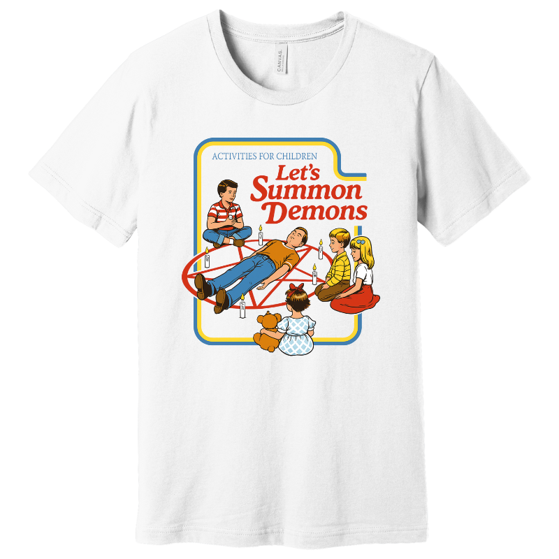 Let's Summon Demons - White
Retro-style graphic t-shirt with cartoon children around a pentagram and text reading “Let’s Summon Demons”