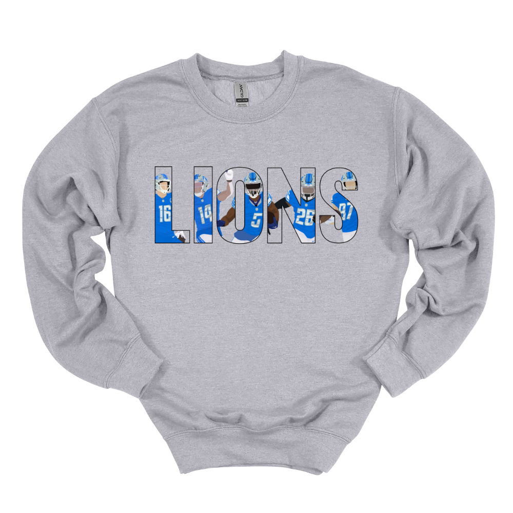 Ash gray crewneck sweatshirt featuring a faceless cartoon “LIONS” design with Detroit football players inside each letter