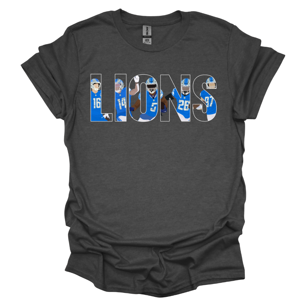 Deep Heather colored T-shirt featuring the word 'LIONS' in bold, outlined capital letters. Inside the letters, there are illustrated images of Detroit football players wearing blue uniforms, captured in action poses. The design is clean and modern, making it a great choice for Detroit football fans.