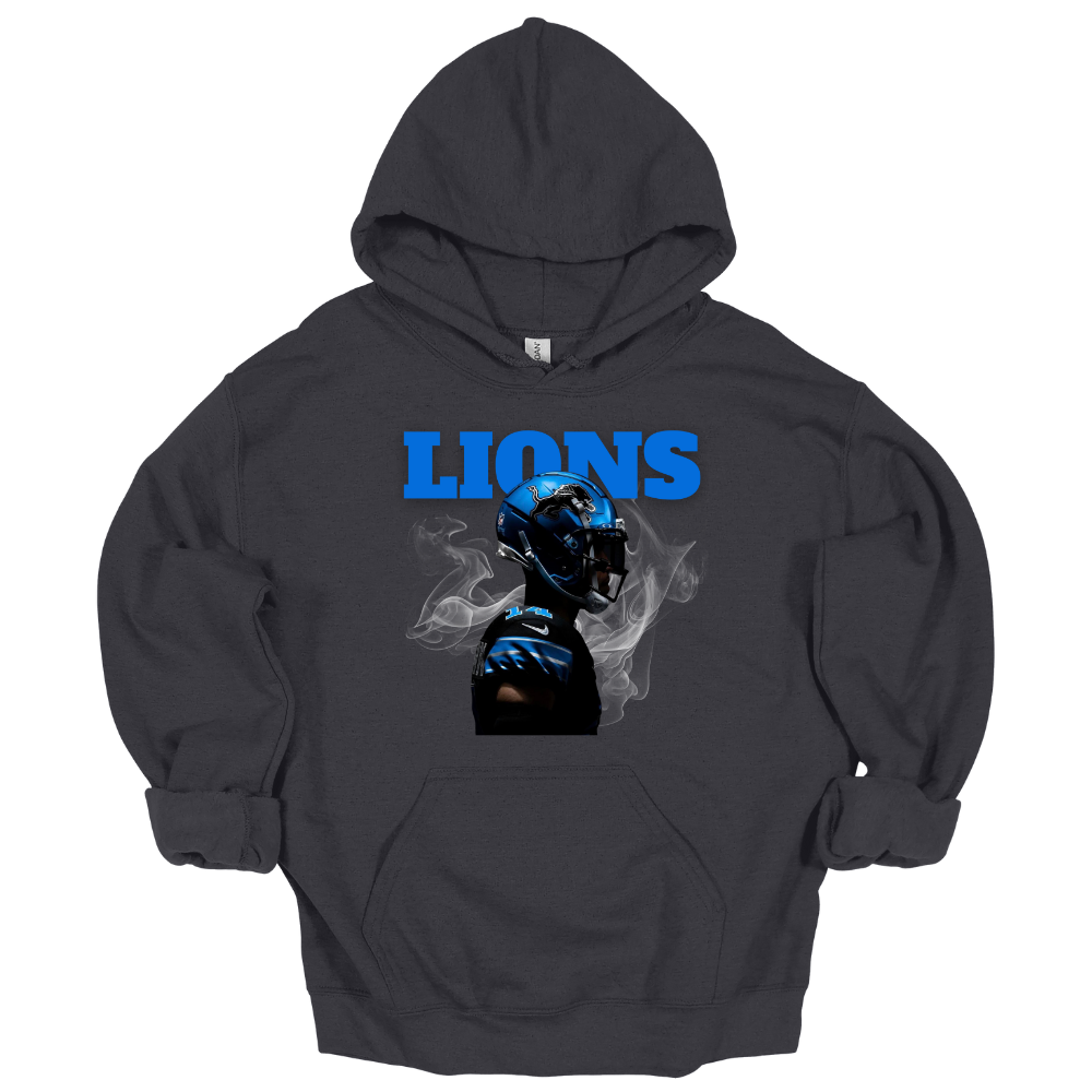 Charcoal Dark gray hoodie with bold LIONS text and smokey football helmet artwork.