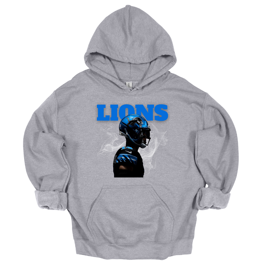 Sport gray hoodie with bold LIONS text and smokey football helmet artwork.