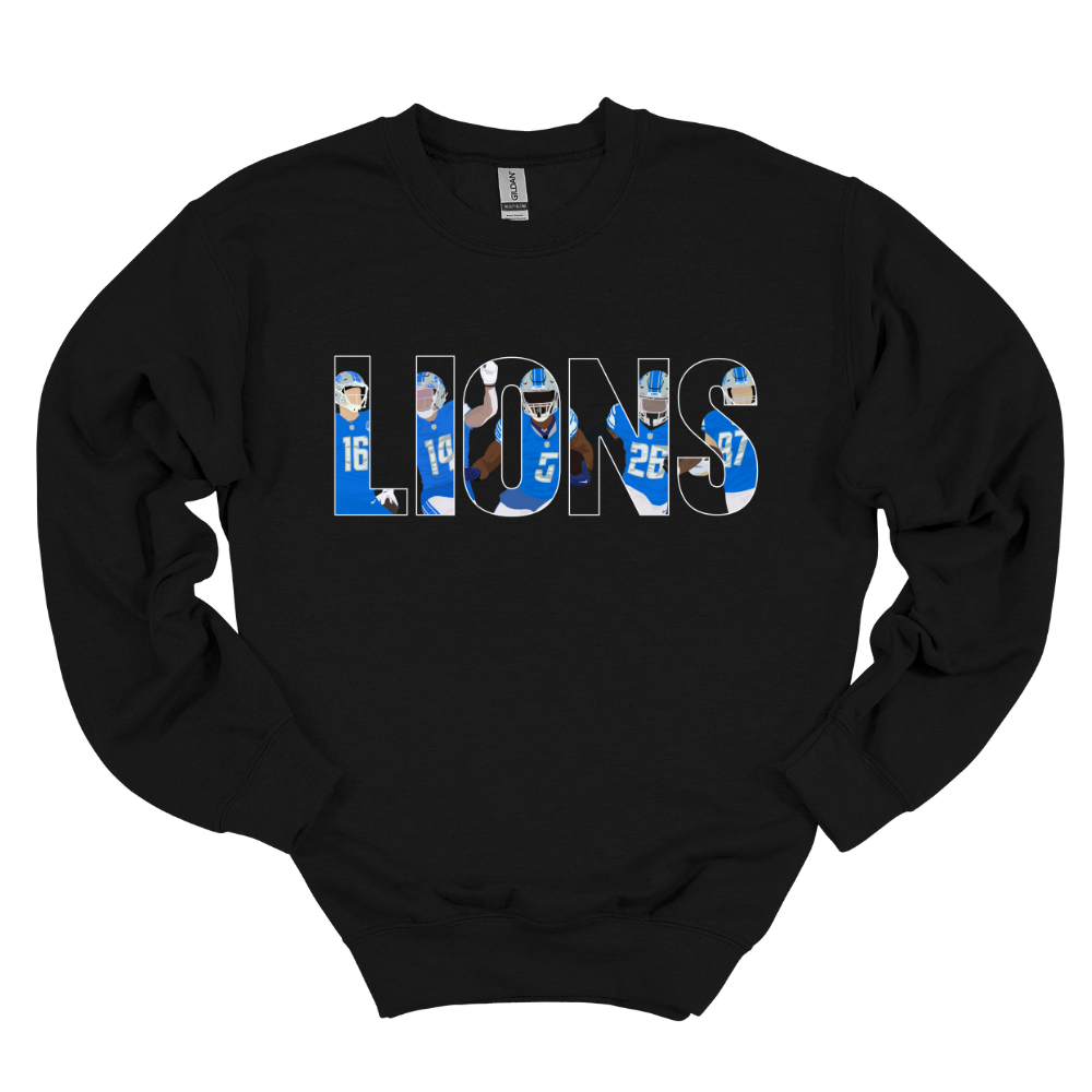Blue crewneck sweatshirt featuring a faceless cartoon “LIONS” design with Detroit football players inside each letter