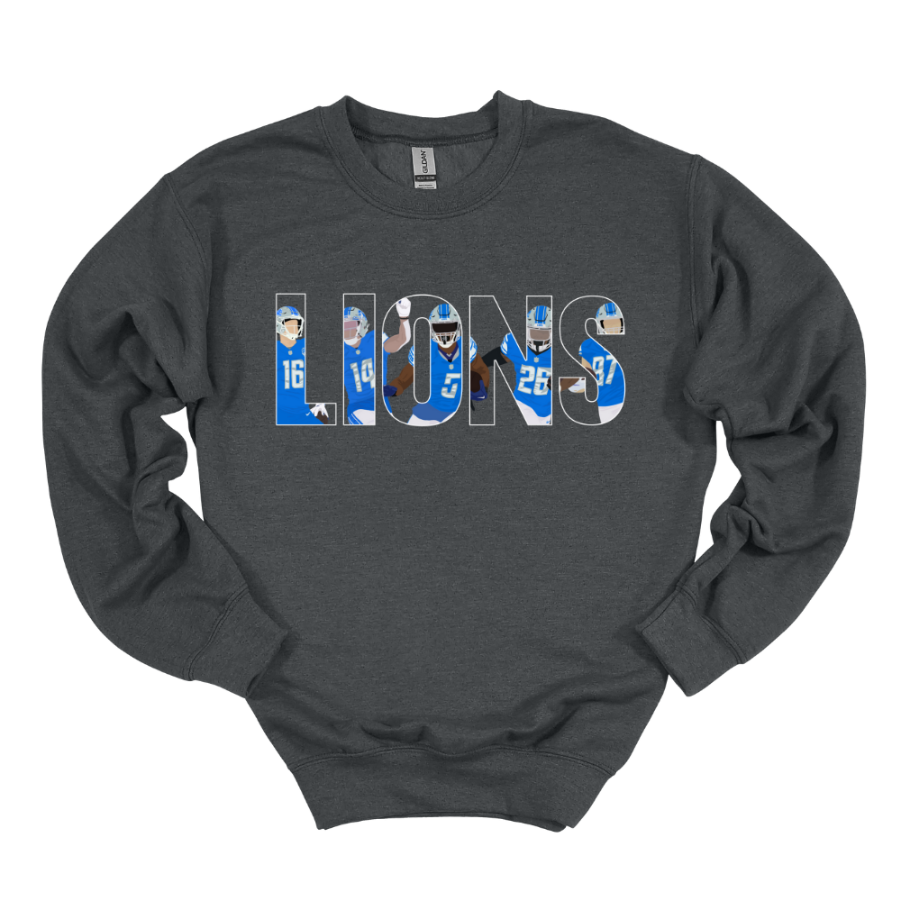 Charcoal heather gray crewneck sweatshirt featuring a faceless cartoon “LIONS” design with Detroit football players inside each letter