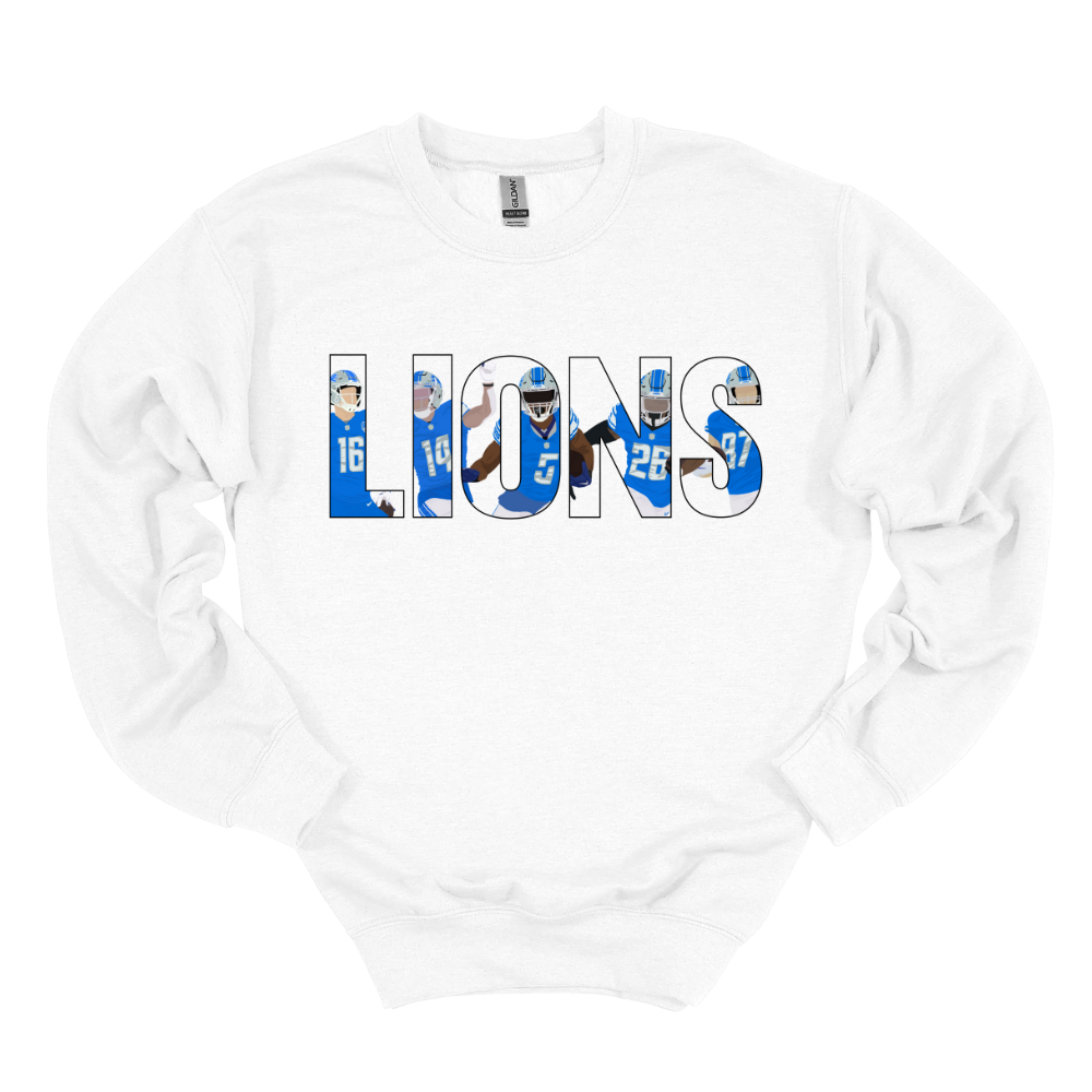 White crewneck sweatshirt featuring a faceless cartoon “LIONS” design with Detroit football players inside each letter