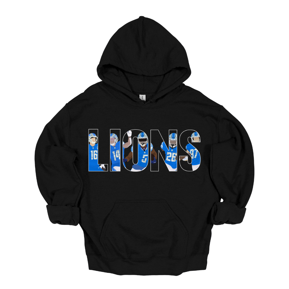 Black unisex hoodie featuring the word “LIONS” filled with illustrated players in Detroit football uniforms.