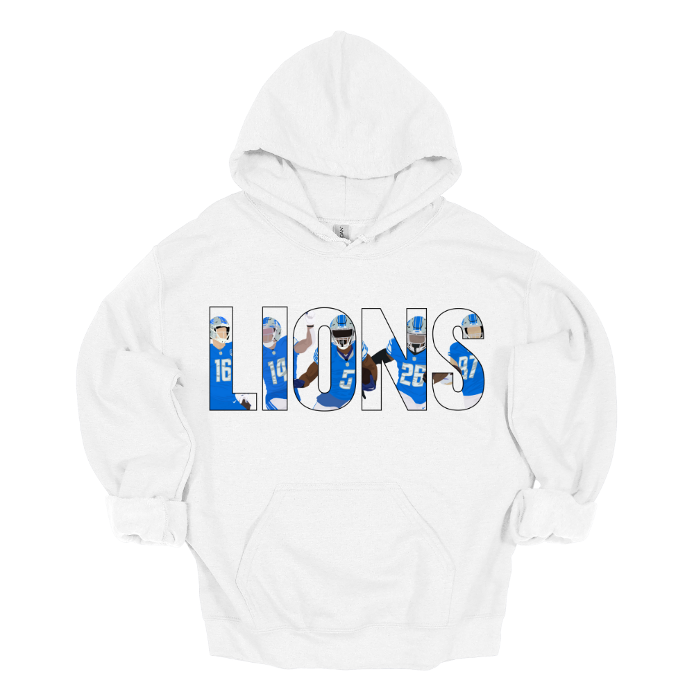 White unisex hoodie featuring the word “LIONS” filled with illustrated players in Detroit football uniforms.