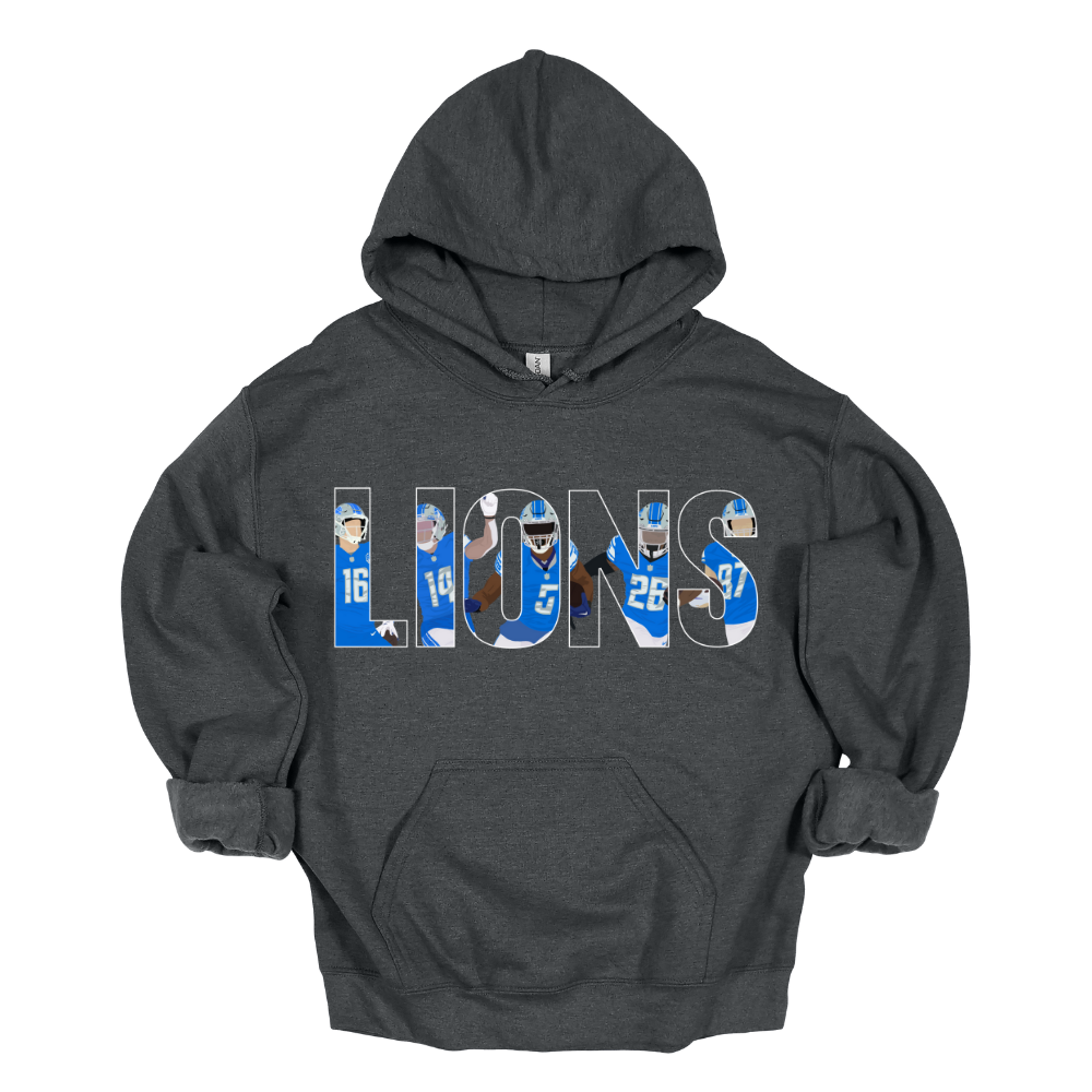 Heather Charcoal unisex hoodie featuring the word “LIONS” filled with illustrated players in Detroit football uniforms.