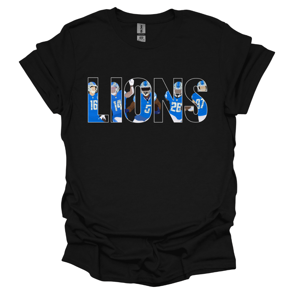 Black T-shirt featuring the word 'LIONS' in bold, outlined capital letters. Inside the letters, there are illustrated images of Detroit football players wearing blue uniforms, captured in action poses. The design is clean and modern, making it a great choice for Detroit football fans.