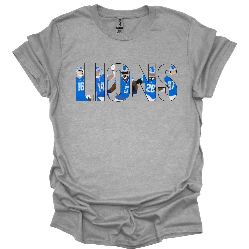 Sport Grey T-shirt featuring the word 'LIONS' in bold, outlined capital letters. Inside the letters, there are illustrated images of Detroit football players wearing blue uniforms, captured in action poses. The design is clean and modern, making it a great choice for Detroit football fans.