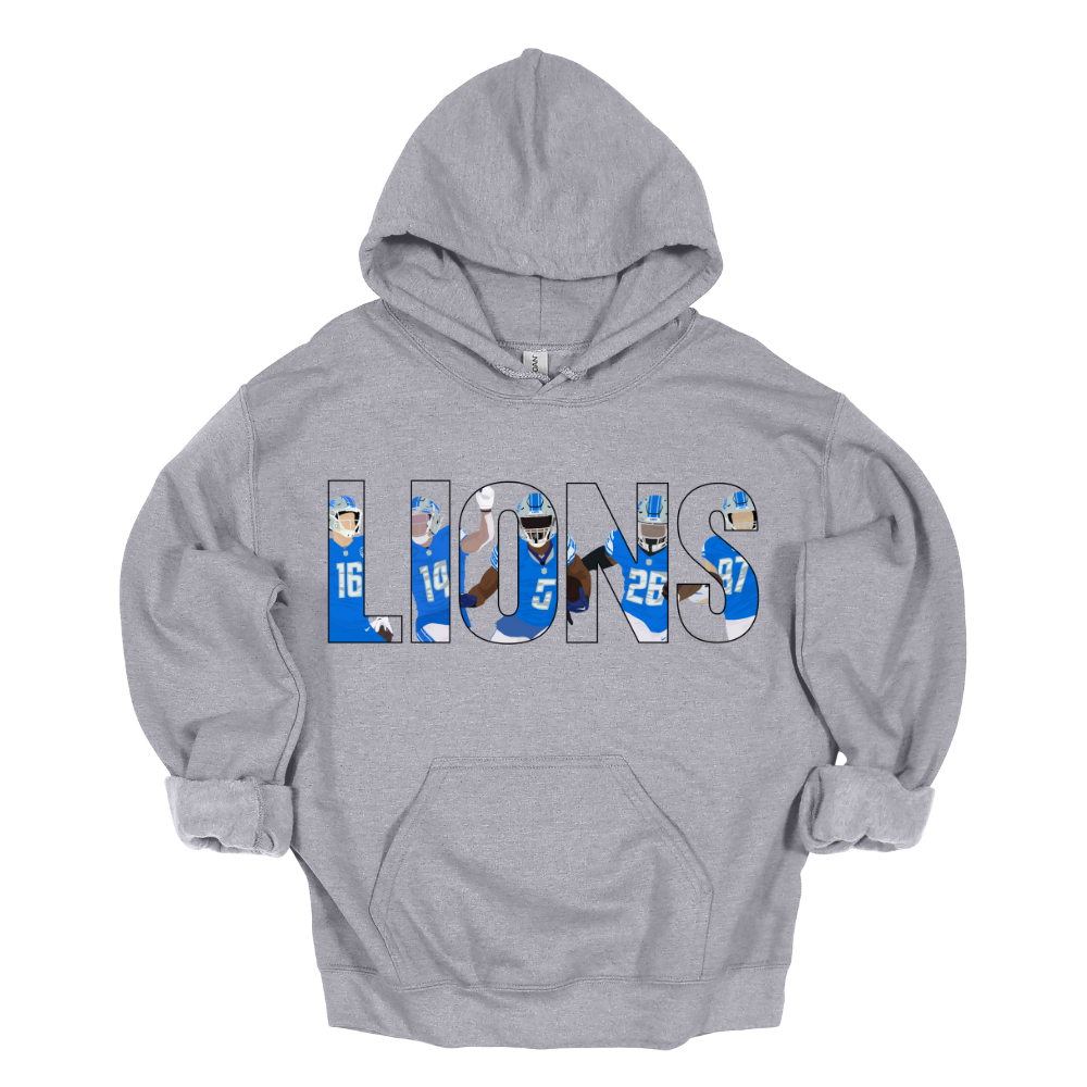 Athletic Grey colored unisex hoodie featuring the word “LIONS” filled with illustrated players in Detroit football uniforms.