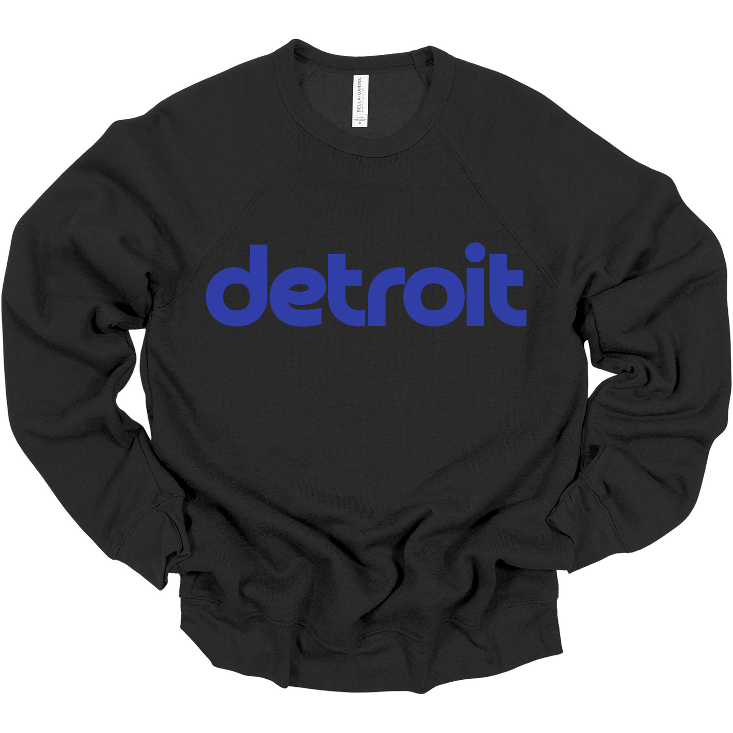 A black crewneck sweatshirt featuring the word 'detroit' in bold, modern blue lowercase letters across the chest. The clean, minimalist design gives the sweatshirt a stylish and casual look, perfect for representing the Motor City in comfort and style
