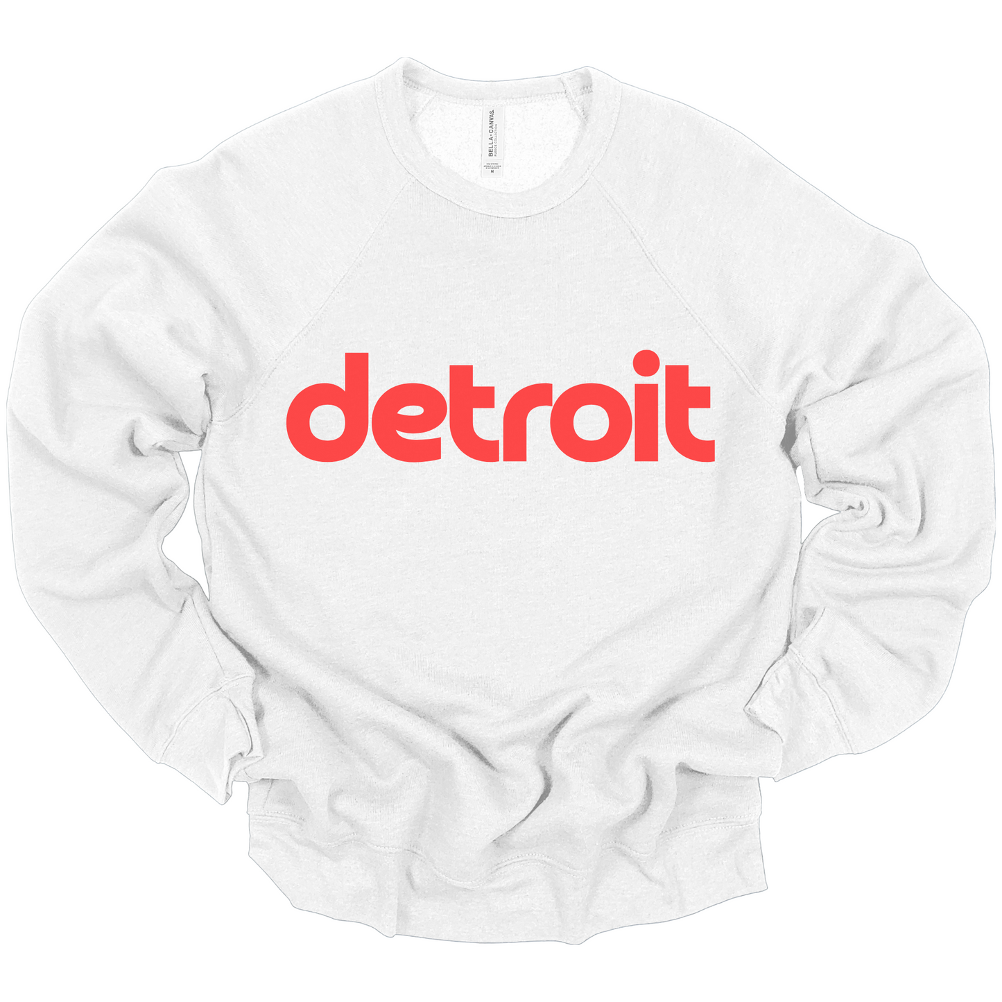 A white crewneck sweatshirt featuring the word 'detroit' printed in bold, red lowercase letters across the chest. The minimalist design gives the shirt a clean, modern look, perfect for representing Detroit with casual style.