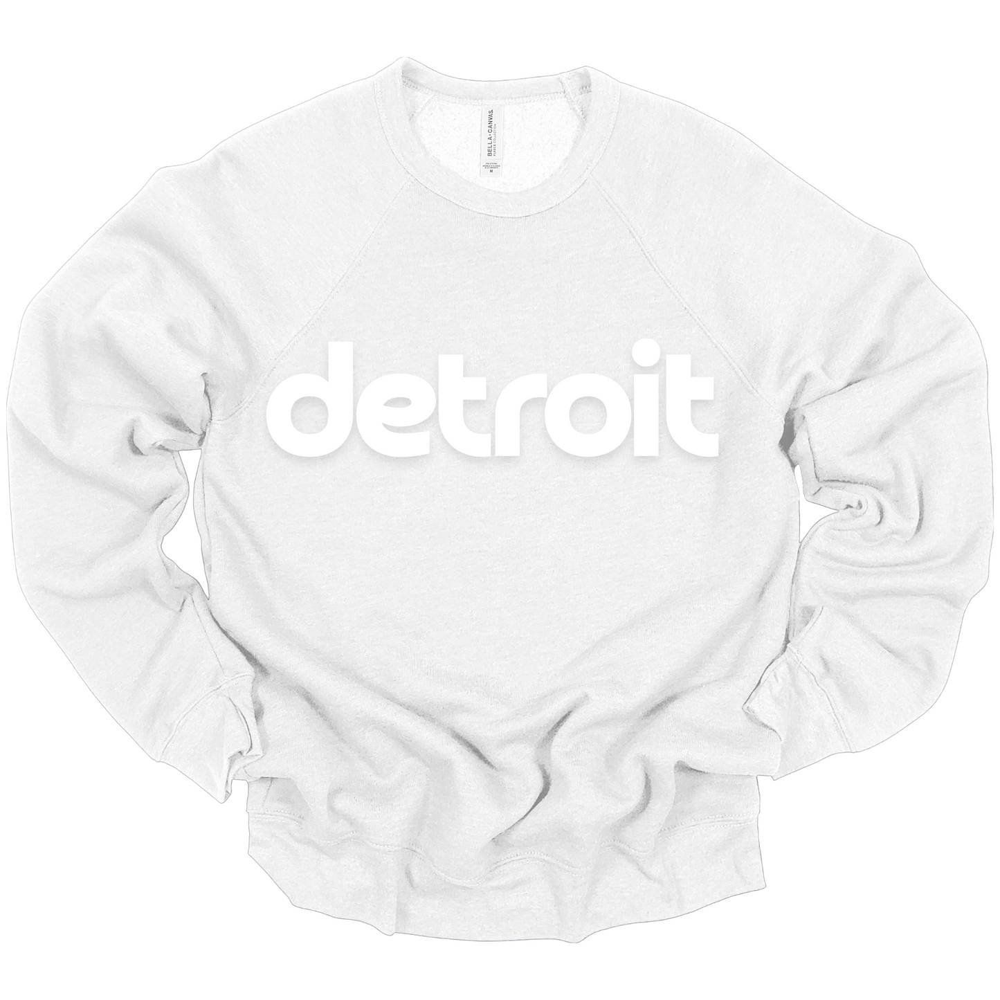 A white Crewneck sweatshirt featuring the word 'detroit' printed in bold, white lowercase letters across the chest. The minimalist design gives the shirt a clean, modern look, perfect for representing Detroit with casual style.