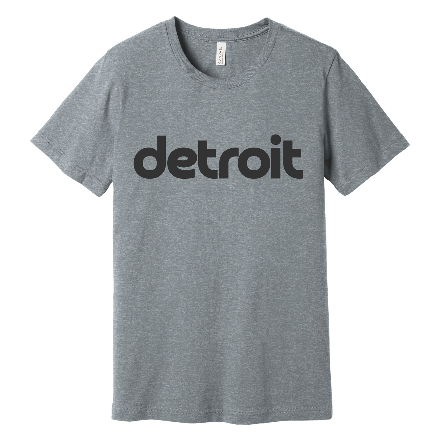A heather gray T-shirt featuring the word 'detroit' in bold, modern black lowercase lettering across the chest. The minimalist design gives a clean and stylish look, perfect for representing the Motor City in a simple yet bold way.