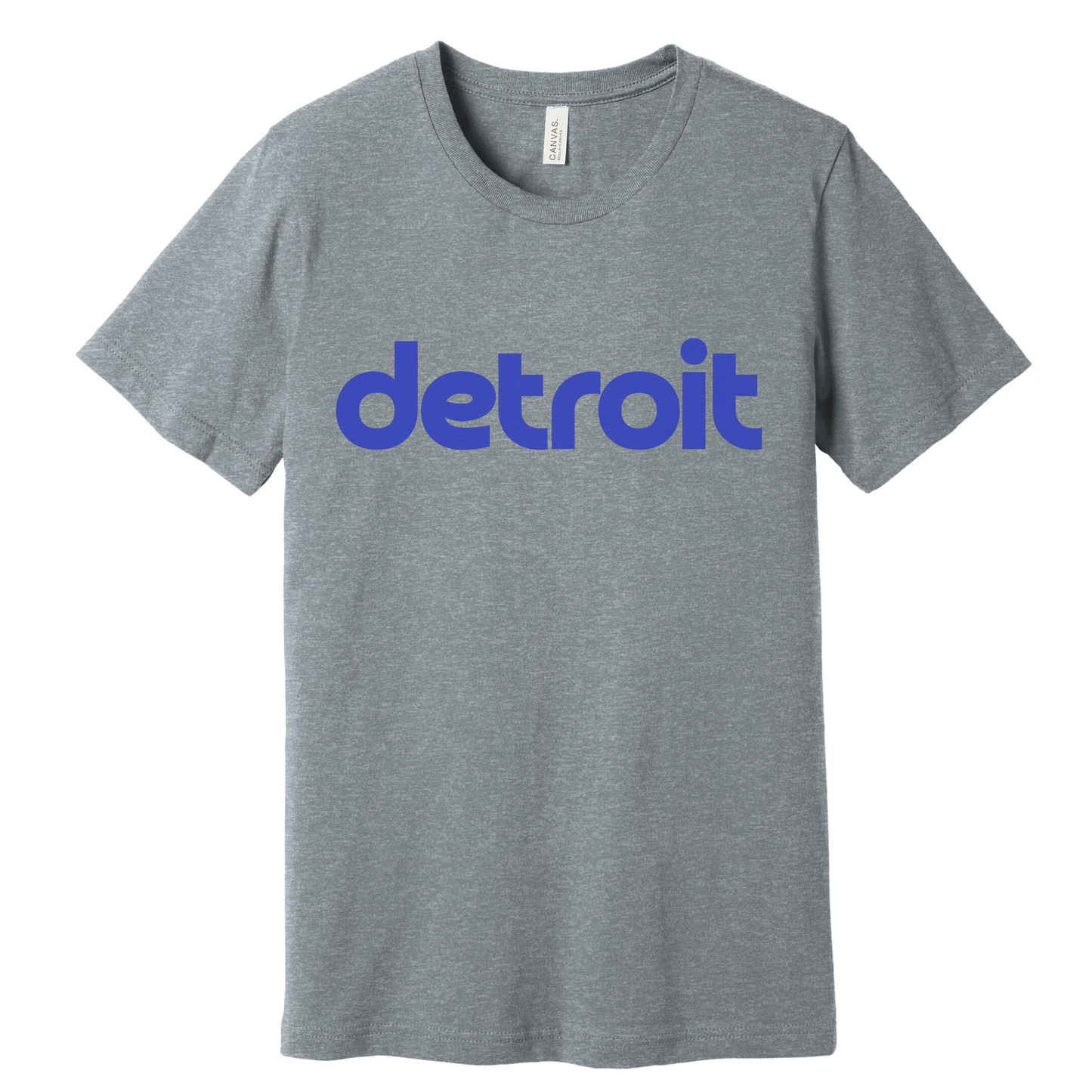 A heather gray T-shirt featuring the word 'detroit' in bold, modern blue lowercase lettering across the chest. The minimalist design gives a clean and stylish look, perfect for representing the Motor City in a simple yet bold way.