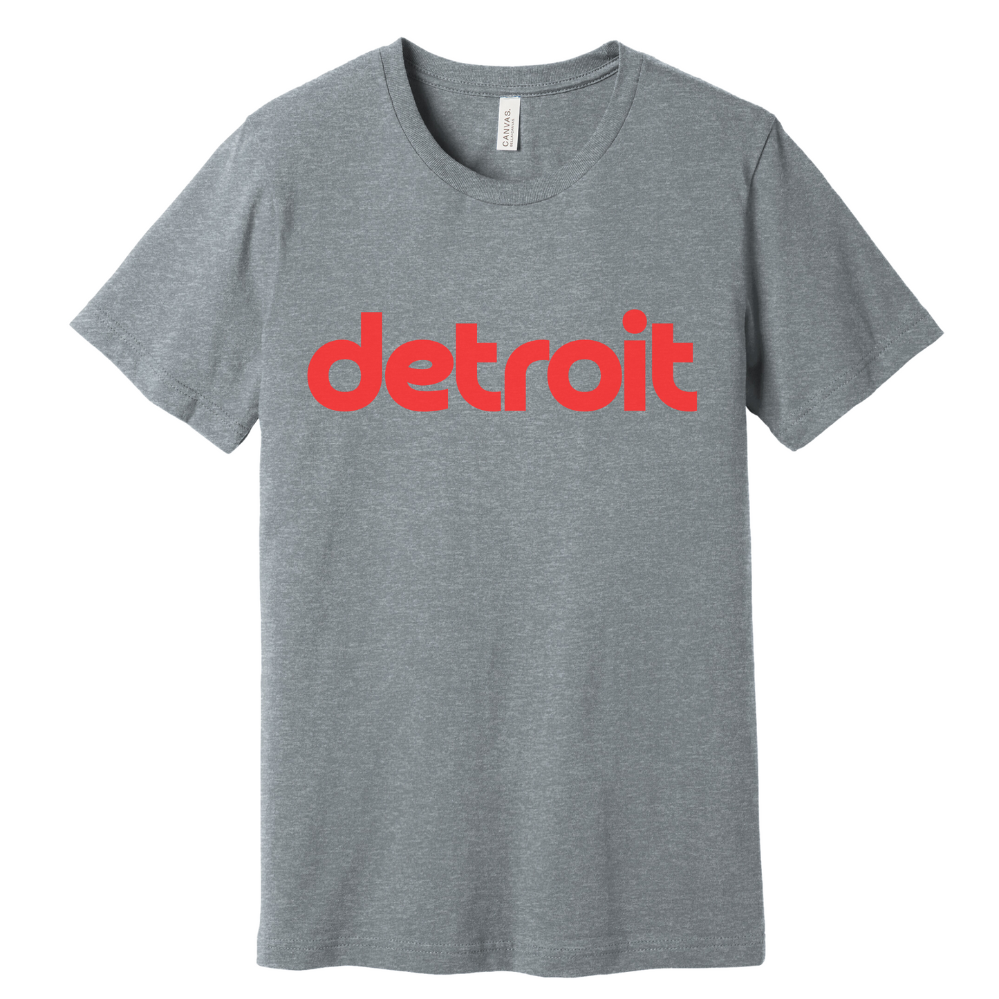 A heather gray T-shirt featuring the word 'detroit' in bold, modern red lowercase lettering across the chest. The minimalist design gives a clean and stylish look, perfect for representing the Motor City in a simple yet bold way.