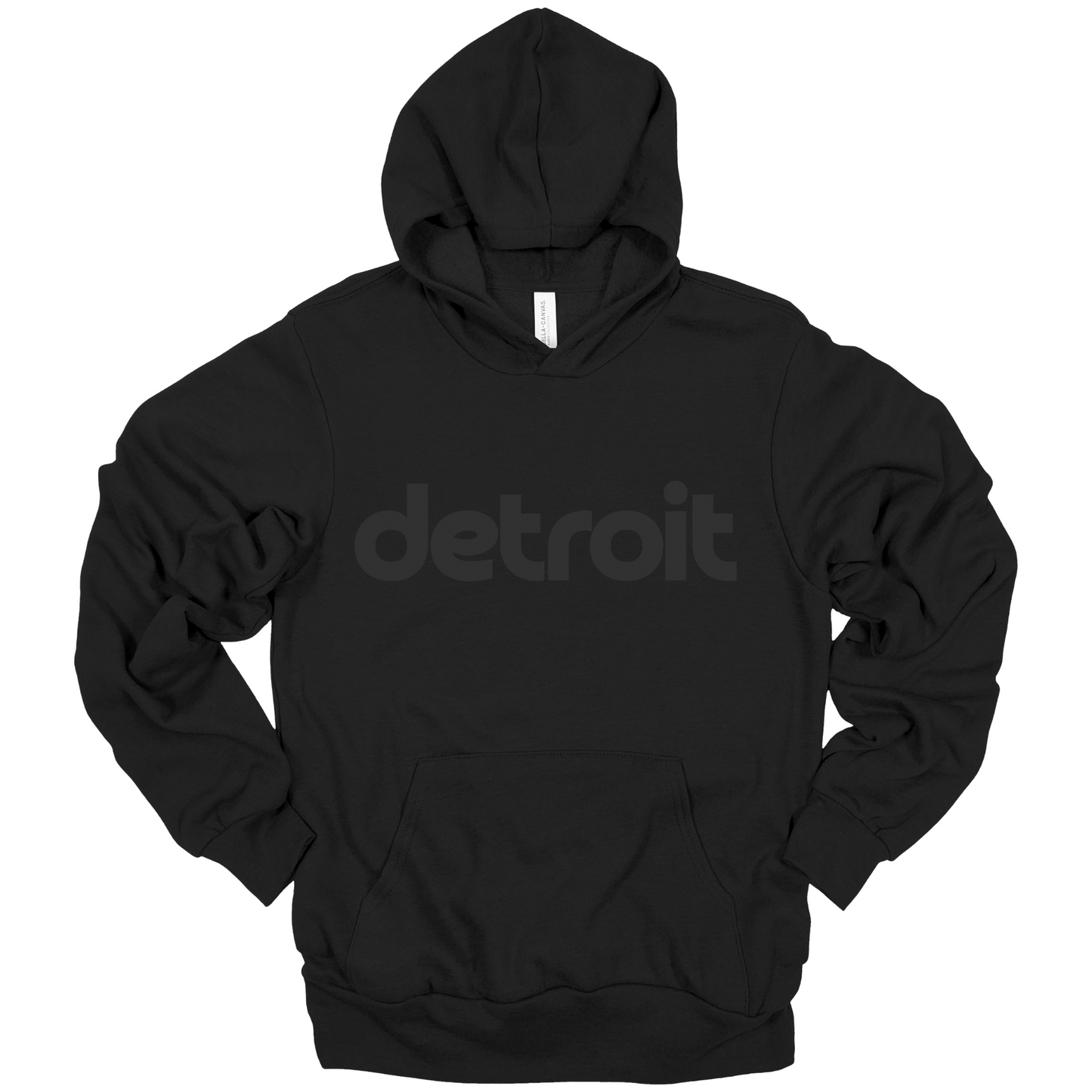A black hoodie featuring the word 'detroit' in bold, modern black lowercase letters across the chest. The clean, minimalist design gives the sweatshirt a stylish and casual look, perfect for representing the Motor City in comfort and style