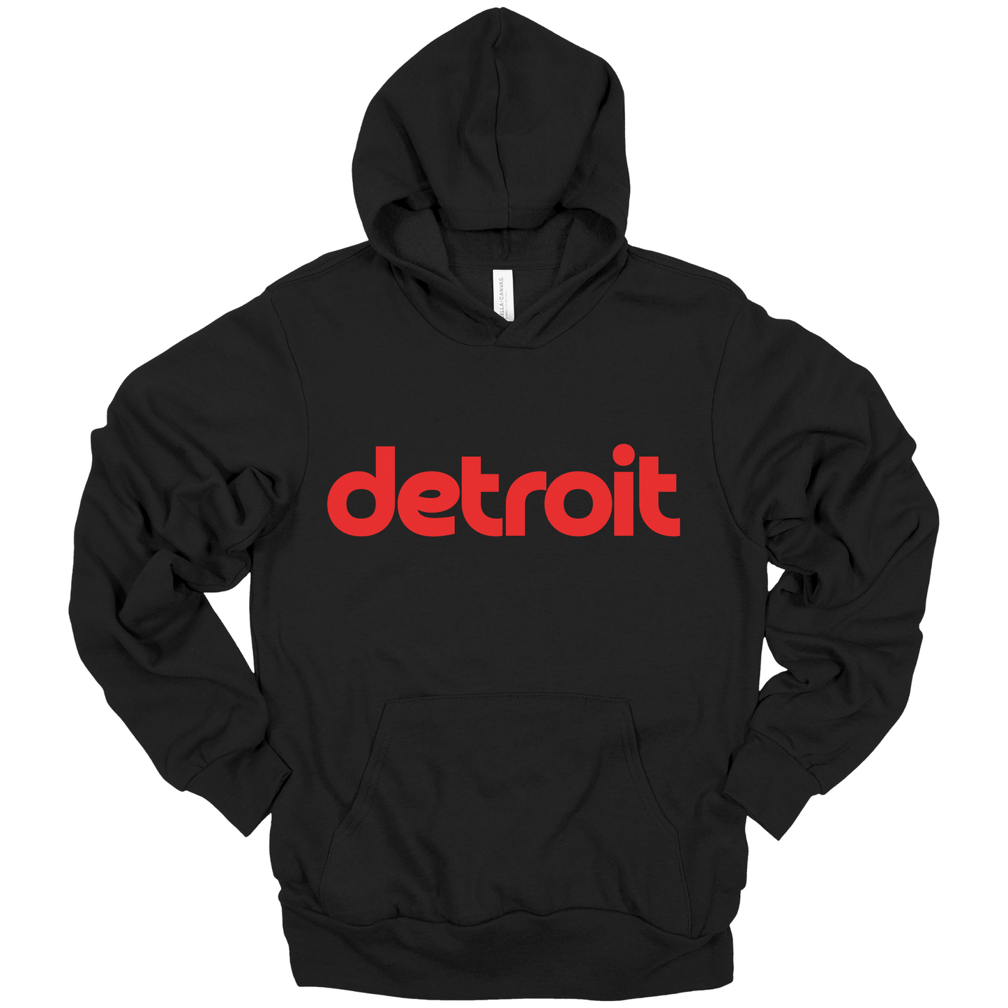 A black hoodie featuring the word 'detroit' in bold, modern red lowercase letters across the chest. The clean, minimalist design gives the sweatshirt a stylish and casual look, perfect for representing the Motor City in comfort and style