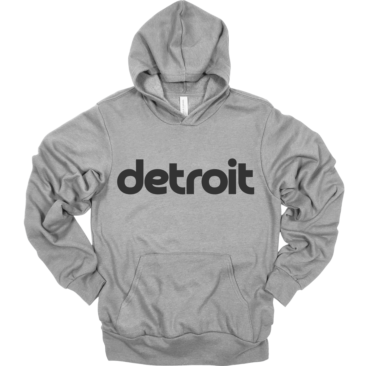 A heather gray hoodie featuring the word 'detroit' in bold, modern black lowercase lettering across the chest. The minimalist design gives a clean and stylish look, perfect for representing the Motor City in a simple yet bold way.