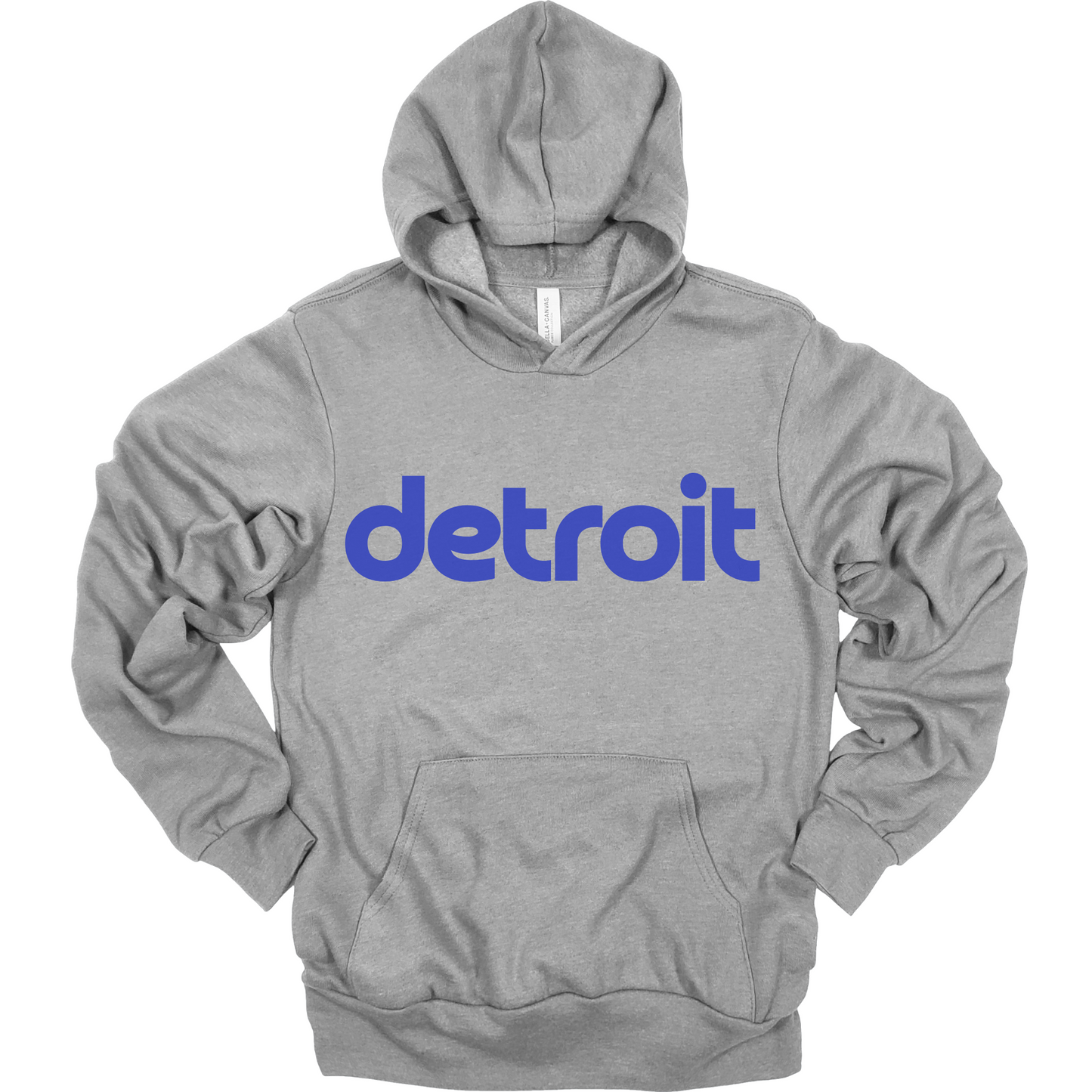 A heather gray hoodie featuring the word 'detroit' in bold, modern blue lowercase lettering across the chest. The minimalist design gives a clean and stylish look, perfect for representing the Motor City in a simple yet bold way.