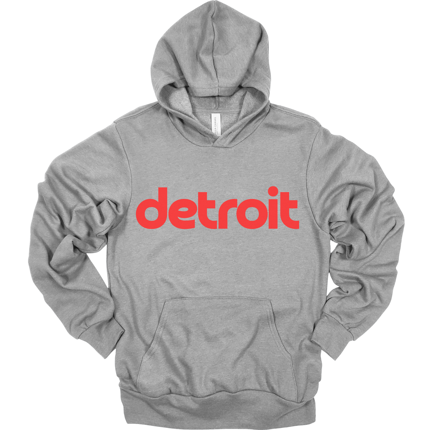A heather gray hoodie featuring the word 'detroit' in bold, modern red lowercase lettering across the chest. The minimalist design gives a clean and stylish look, perfect for representing the Motor City in a simple yet bold way.