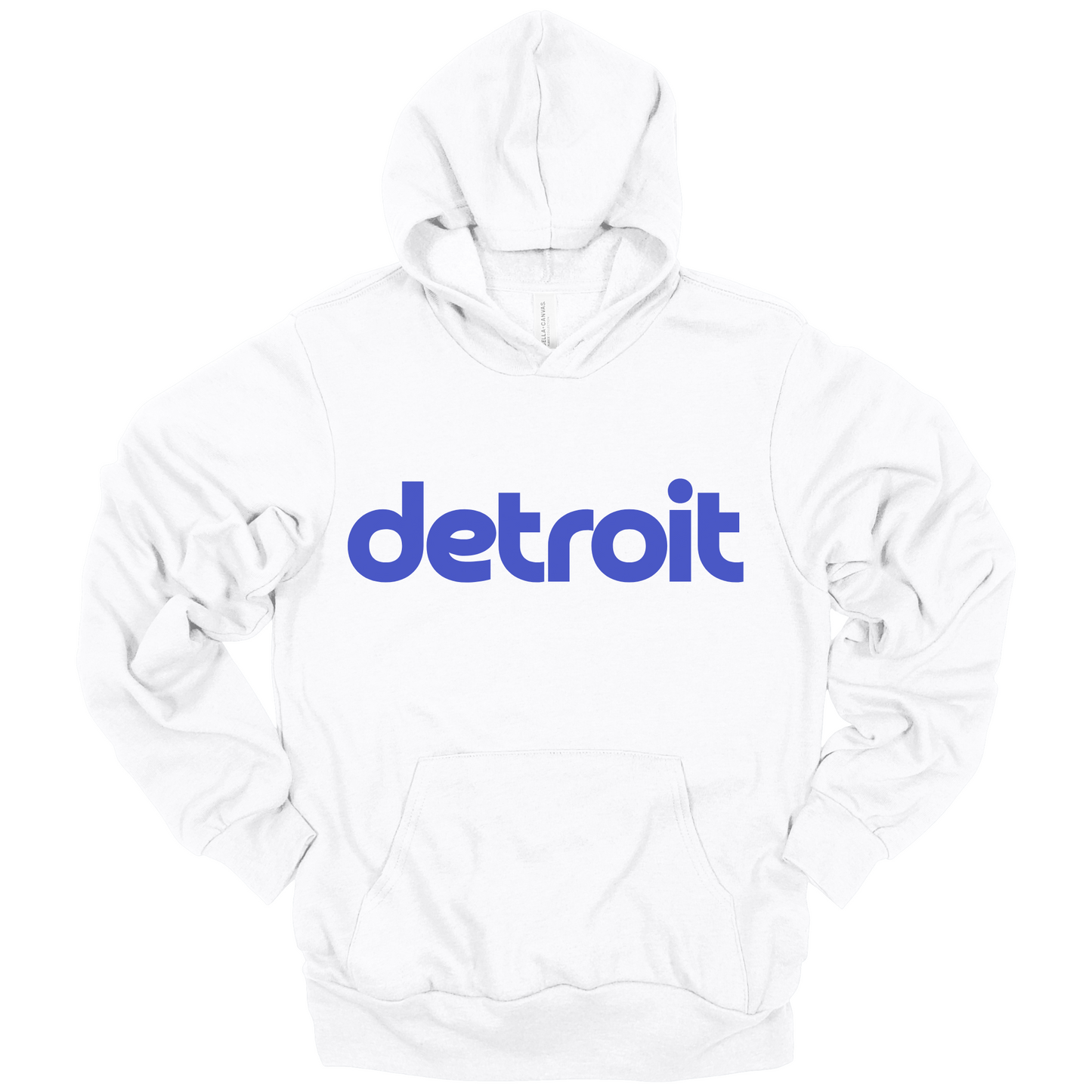 A white hoodie featuring the word 'detroit' printed in bold, blue lowercase letters across the chest. The minimalist design gives the shirt a clean, modern look, perfect for representing Detroit with casual style.