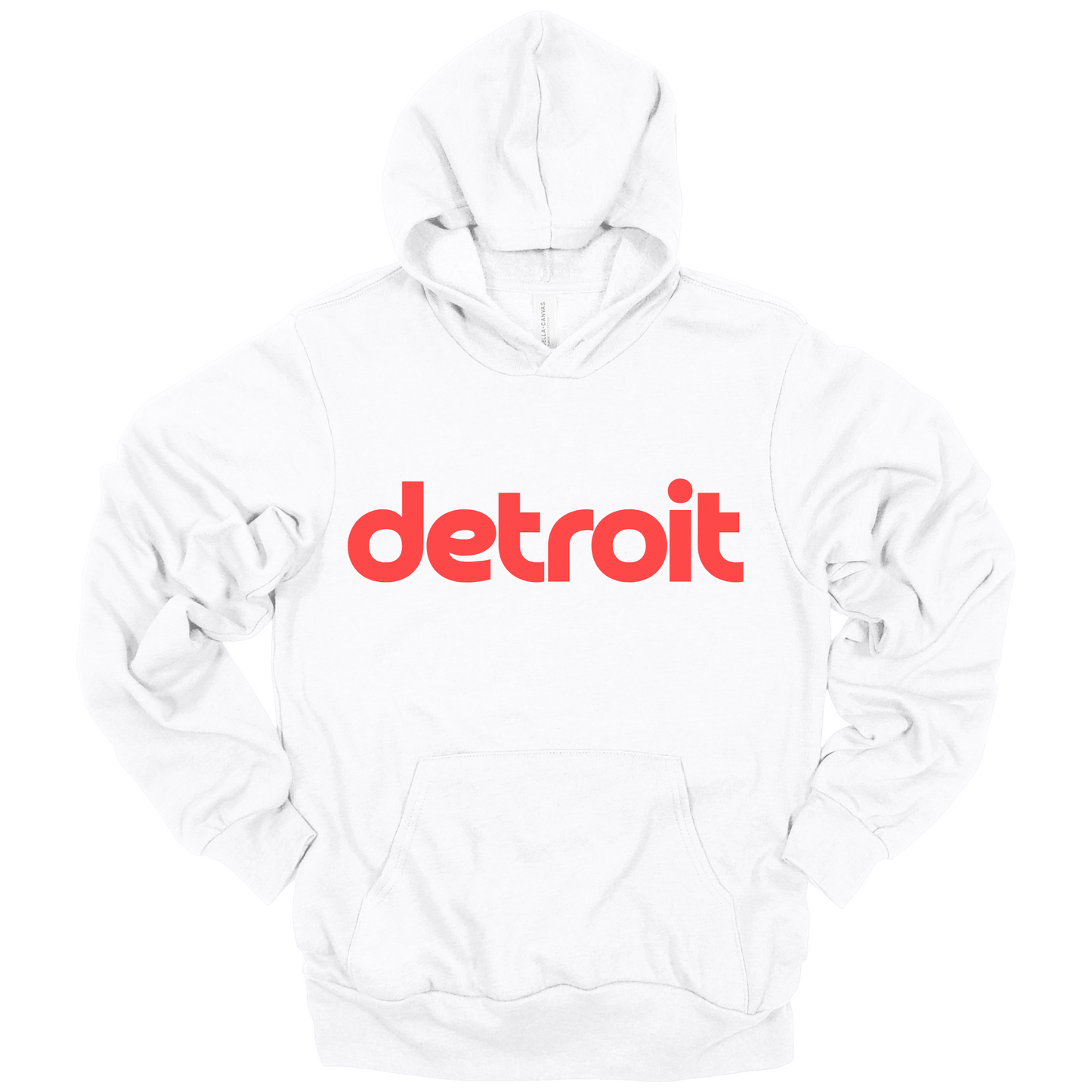 A white hoodie featuring the word 'detroit' printed in bold, red lowercase letters across the chest. The minimalist design gives the shirt a clean, modern look, perfect for representing Detroit with casual style.