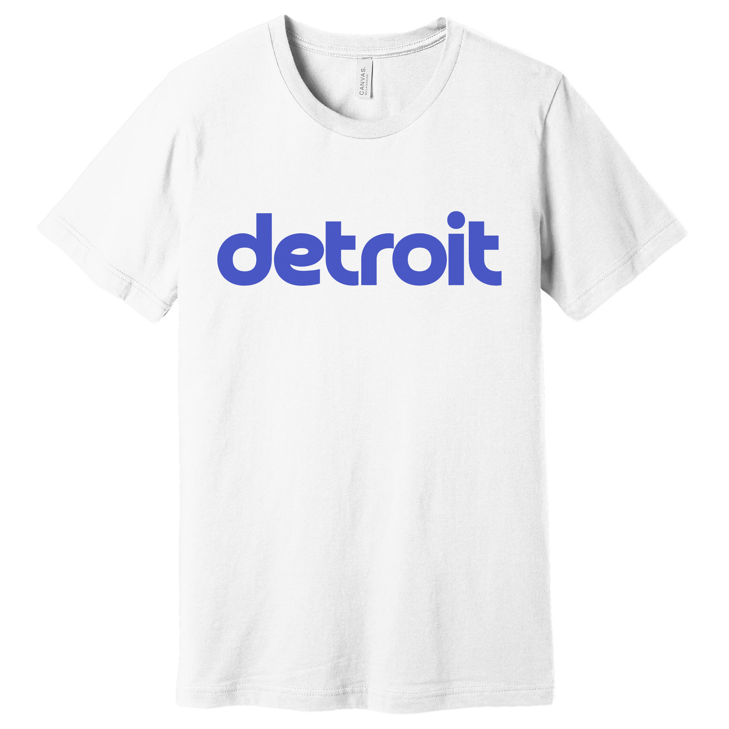 A white T-shirt featuring the word 'detroit' printed in bold, blue lowercase letters across the chest. The minimalist design gives the shirt a clean, modern look, perfect for representing Detroit with casual style.