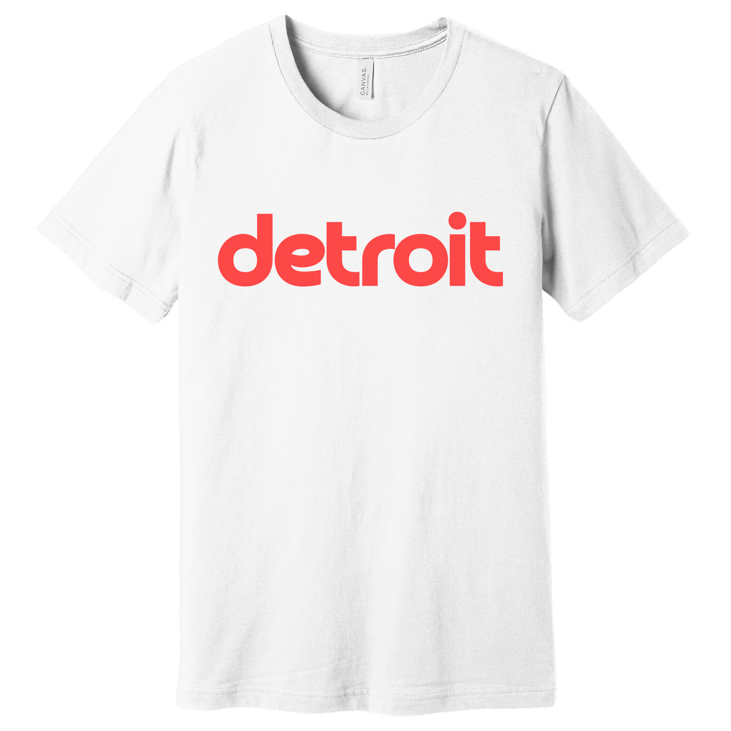 A white T-shirt featuring the word 'detroit' printed in bold, red lowercase letters across the chest. The minimalist design gives the shirt a clean, modern look, perfect for representing Detroit with casual style.