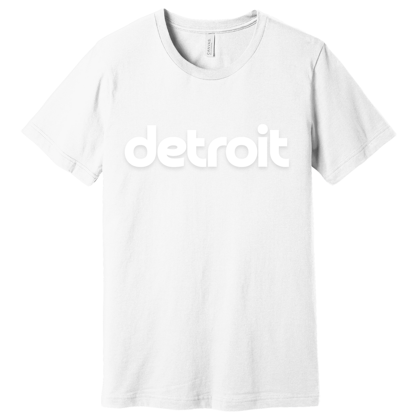 A white T-shirt featuring the word 'detroit' printed in white lowercase letters across the chest. The minimalist design gives the shirt a clean, modern look, perfect for representing Detroit with casual style.