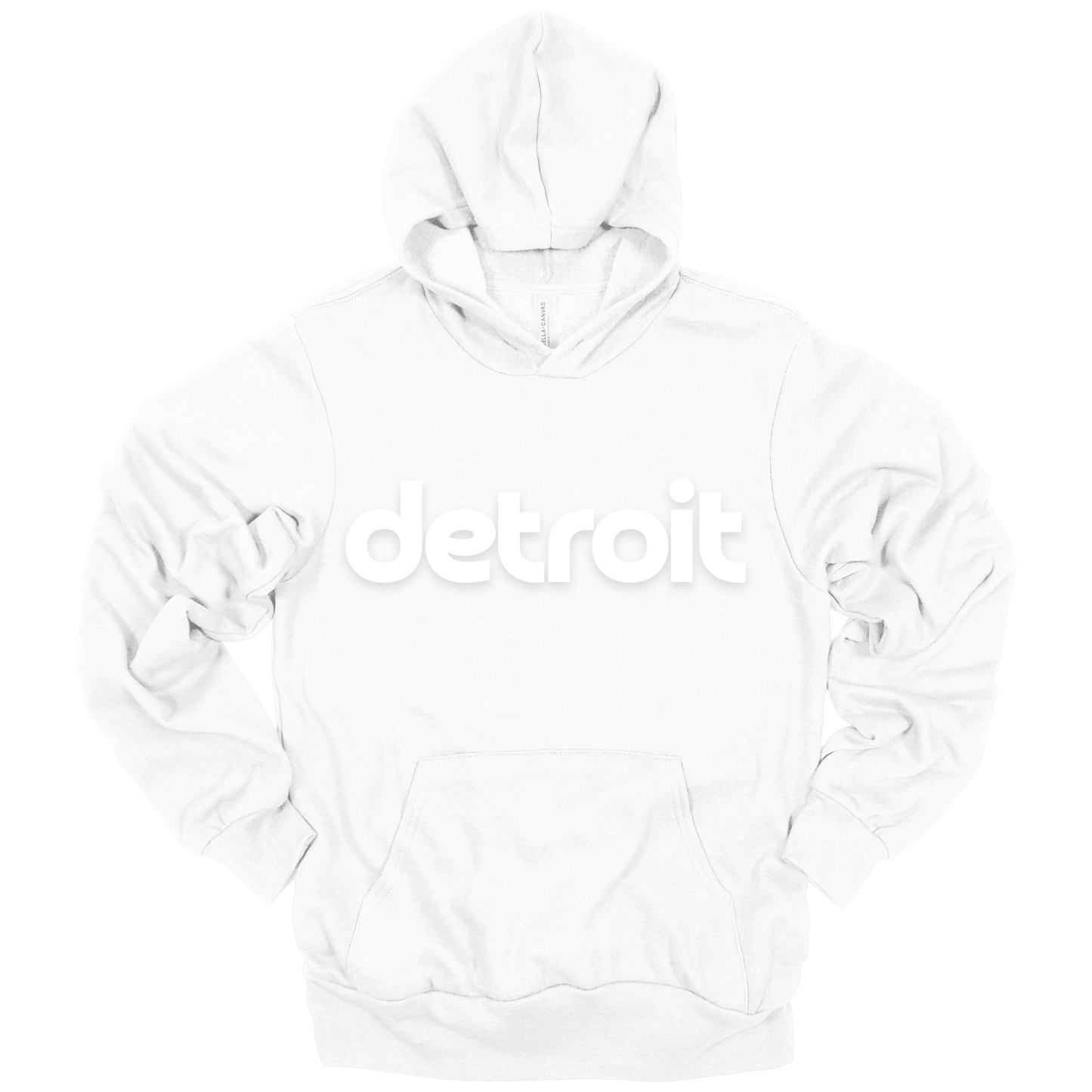 A white hoodie featuring the word 'detroit' printed in bold, white lowercase letters across the chest. The minimalist design gives the shirt a clean, modern look, perfect for representing Detroit with casual style.