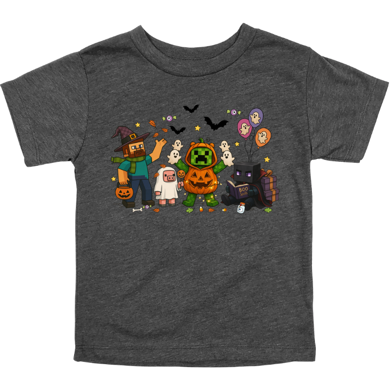 Kids Halloween Heather Dark Gray t-shirt with Minecraft-inspired pixel characters in costumes surrounded by bats, balloons, candy, and ghosts