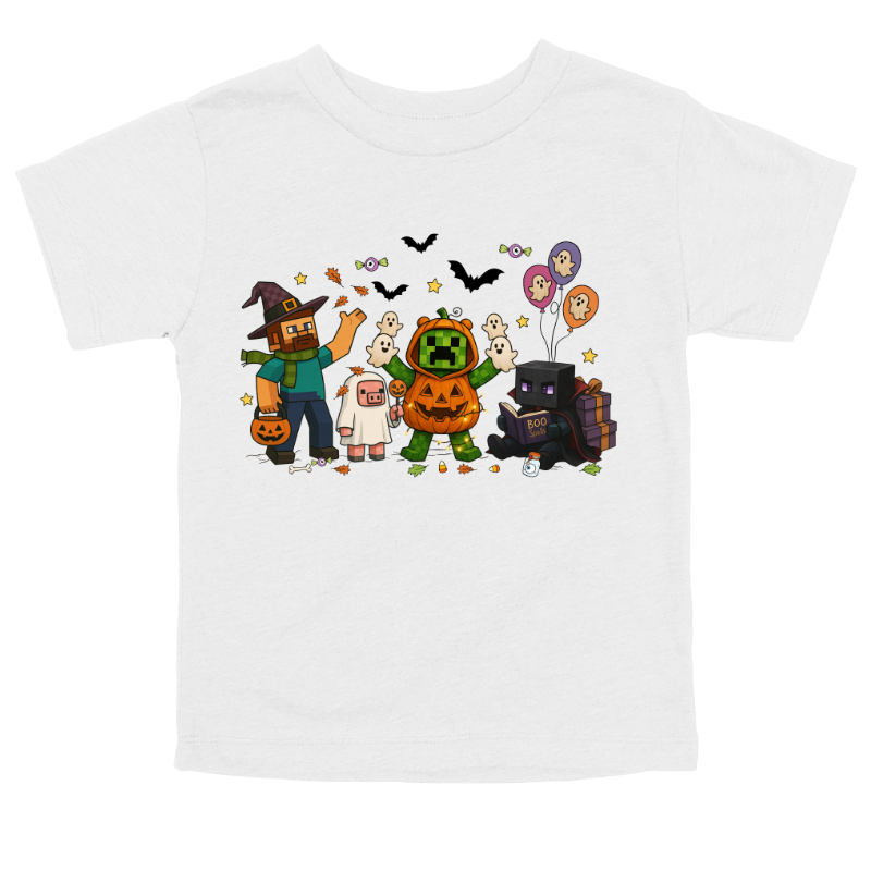 Kids Halloween White t-shirt with Minecraft-inspired pixel characters in costumes surrounded by bats, balloons, candy, and ghosts
