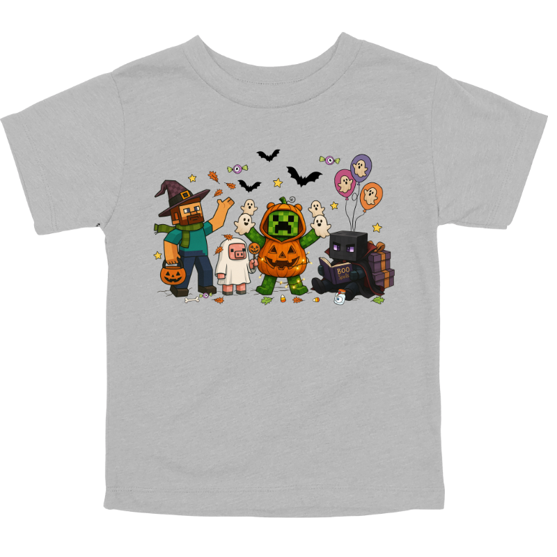 Kids Halloween Athletic Gray t-shirt with Minecraft-inspired pixel characters in costumes surrounded by bats, balloons, candy, and ghosts