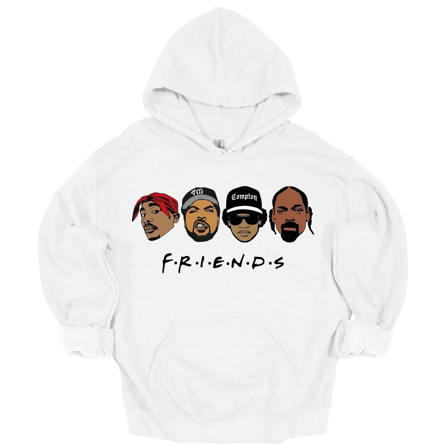 White hoodie with cartoon illustrations of four iconic West Coast rappers on the front - Tupac, Ice Cube, Eazy E, Snoop Dogg