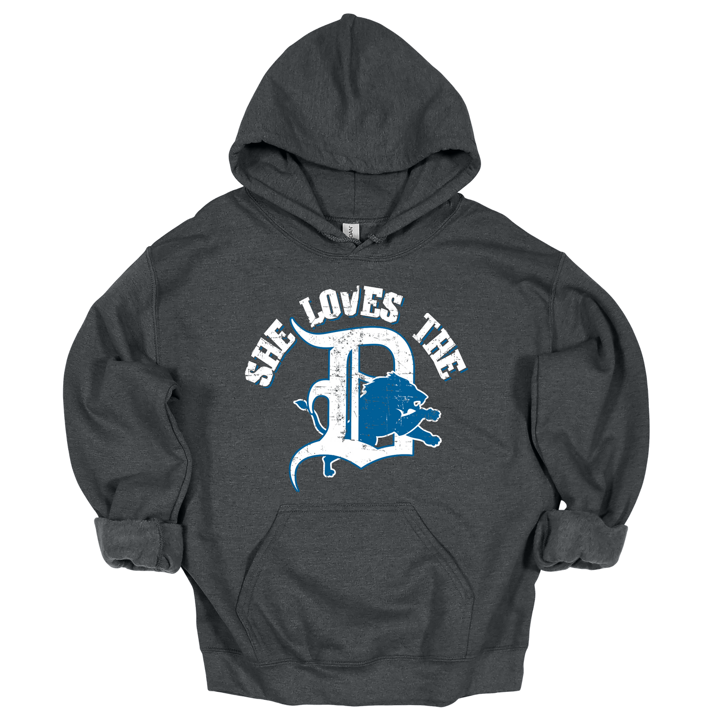 Charcoal heather hoodie with distressed Detroit-style graphic text in white and blue