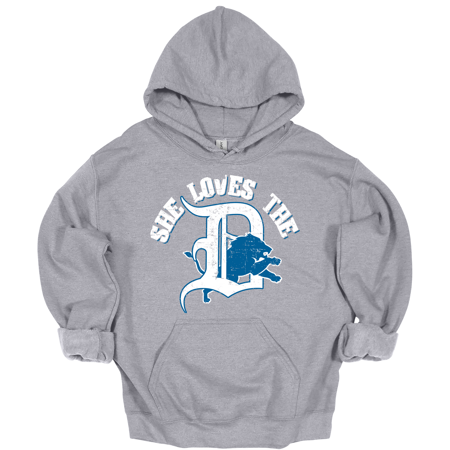 Light Grey hoodie with distressed Detroit-style graphic text in white and blue