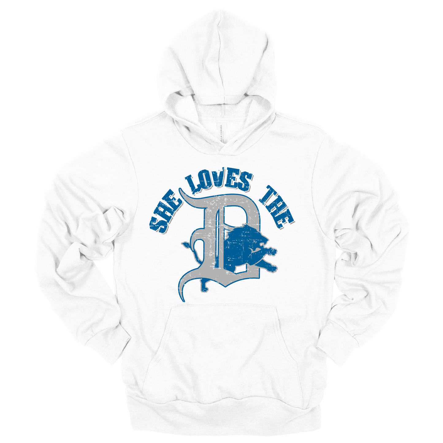 White hoodie with distressed Detroit-style graphic text in white and blue