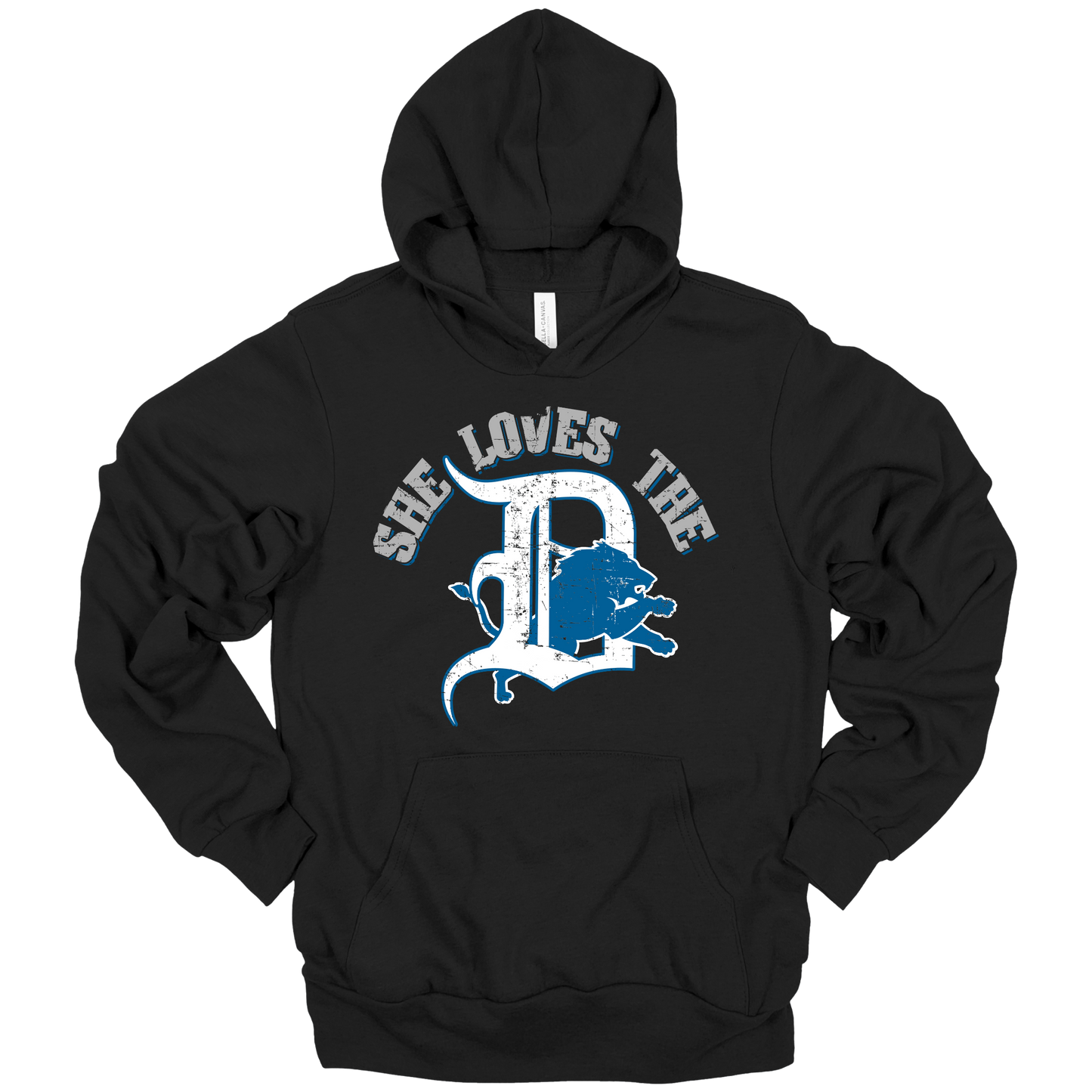 Black hoodie with distressed Detroit-style graphic text in white and blue