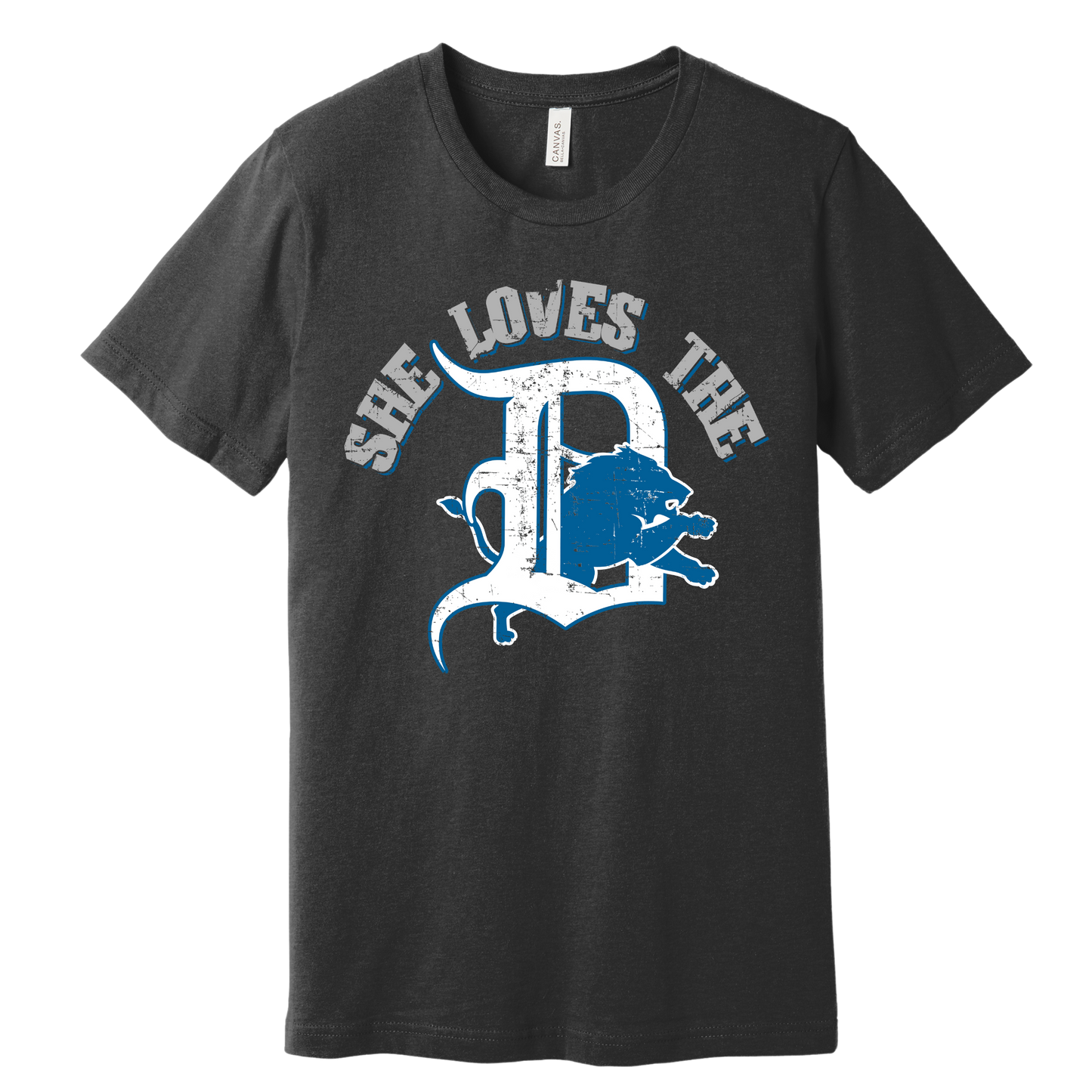 Charcoal Heather unisex T-shirt with bold distressed Detroit-themed graphic