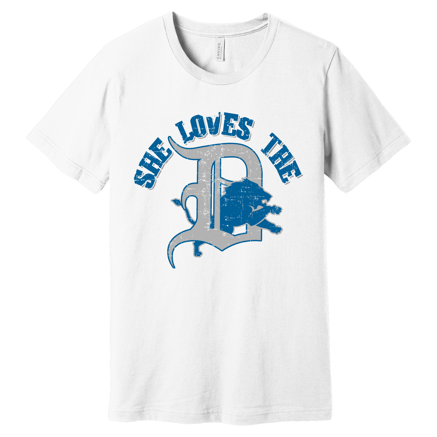 White unisex T-shirt with bold distressed Detroit-themed graphic