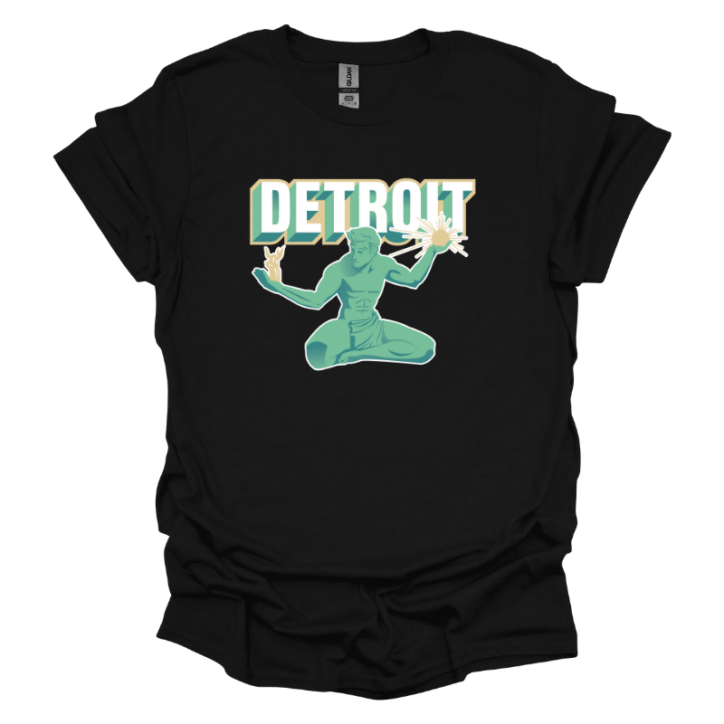 Unisex black t-shirt with Spirit of Detroit statue and bold retro “Detroit” text printed on front