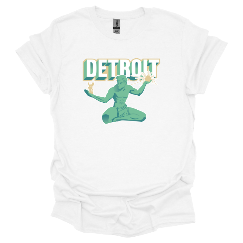 Unisex white t-shirt with Spirit of Detroit statue and bold retro “Detroit” text printed on front