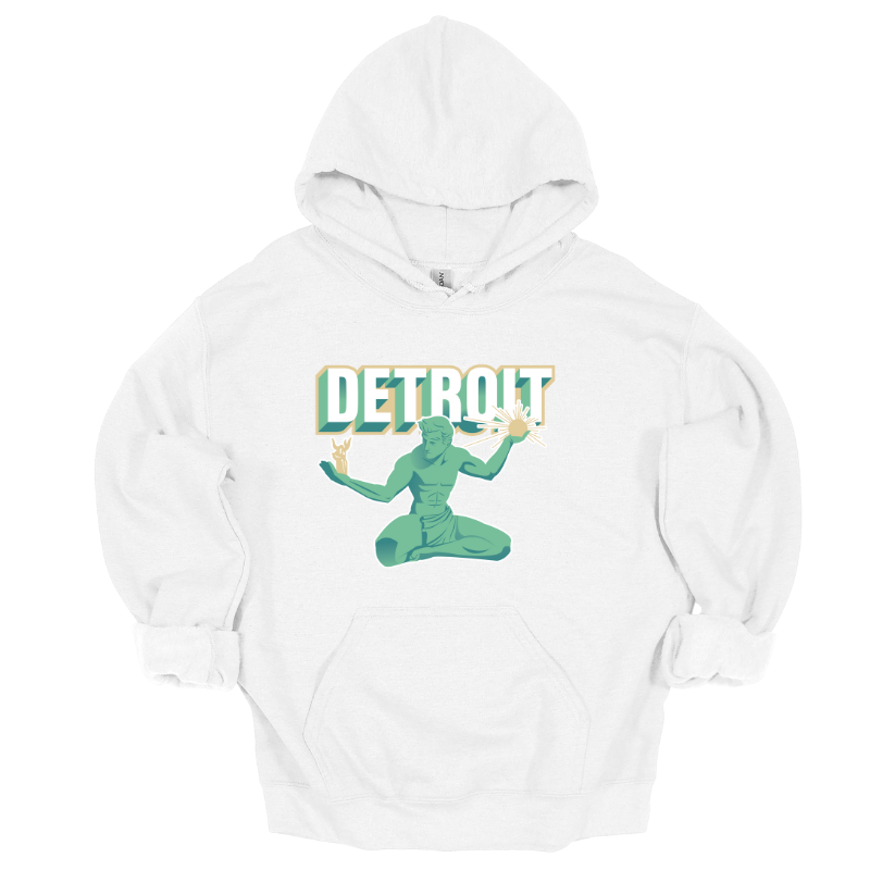 White hoodie with graphic of the Spirit of Detroit statue and bold retro “Detroit” text in green and cream