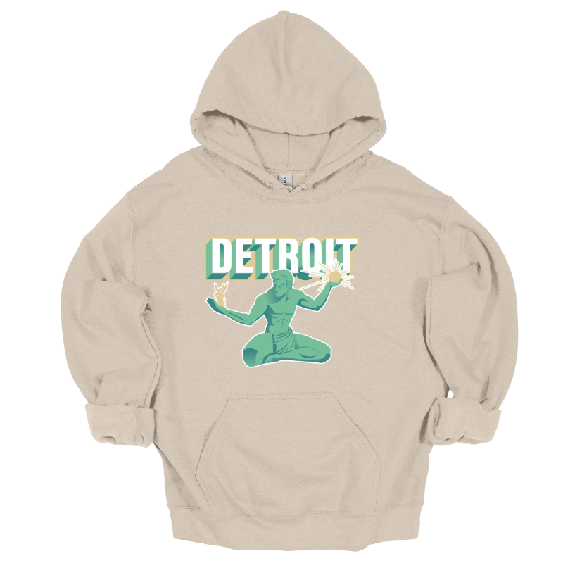 Natural Color hoodie with graphic of the Spirit of Detroit statue and bold retro “Detroit” text in green and cream