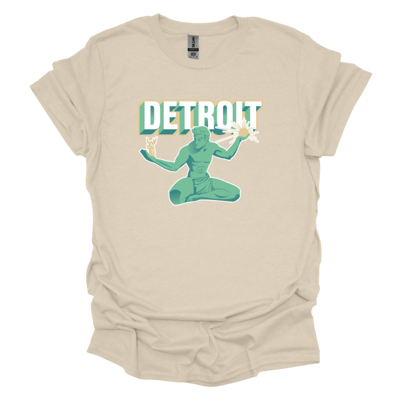 Unisex natural t-shirt with Spirit of Detroit statue and bold retro “Detroit” text printed on front