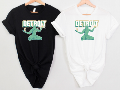 Unisex black and white t-shirt with Spirit of Detroit statue and bold retro “Detroit” text printed on front