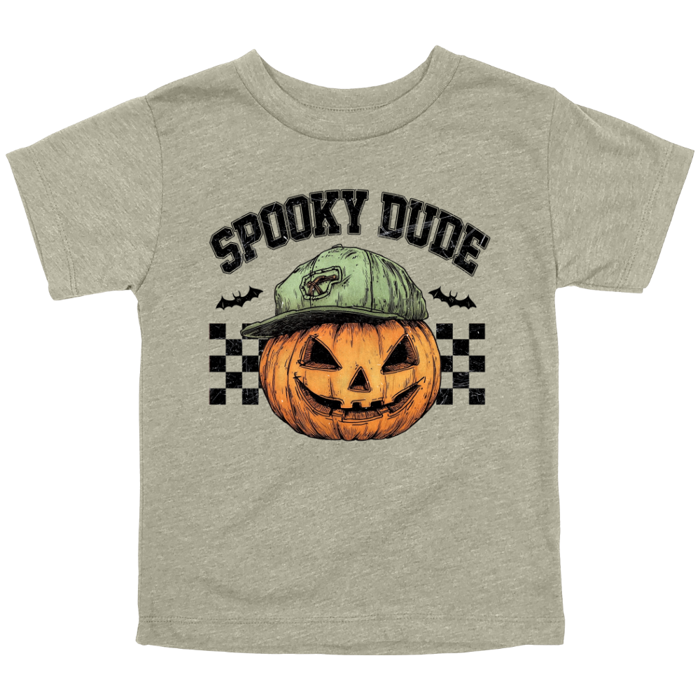 Military green toddler T-shirt with a jack-o'-lantern wearing a green cap, checkered background, and “Spooky Dude” text above