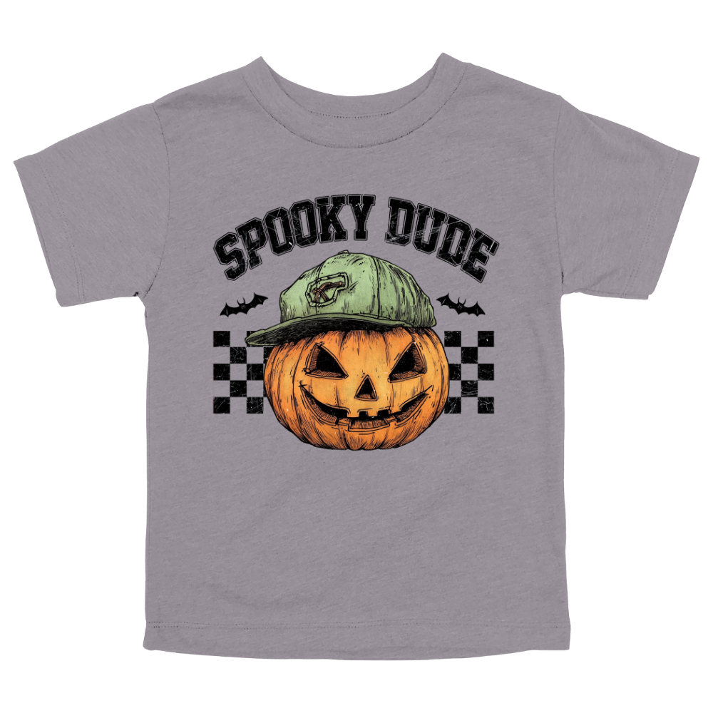 storm colored Toddler T-shirt with a jack-o'-lantern wearing a green cap, checkered background, and “Spooky Dude” text above